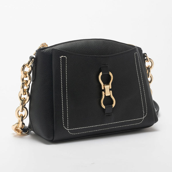 BSAUL Gold Chain Buckle Leather Crossbody Bag - Black