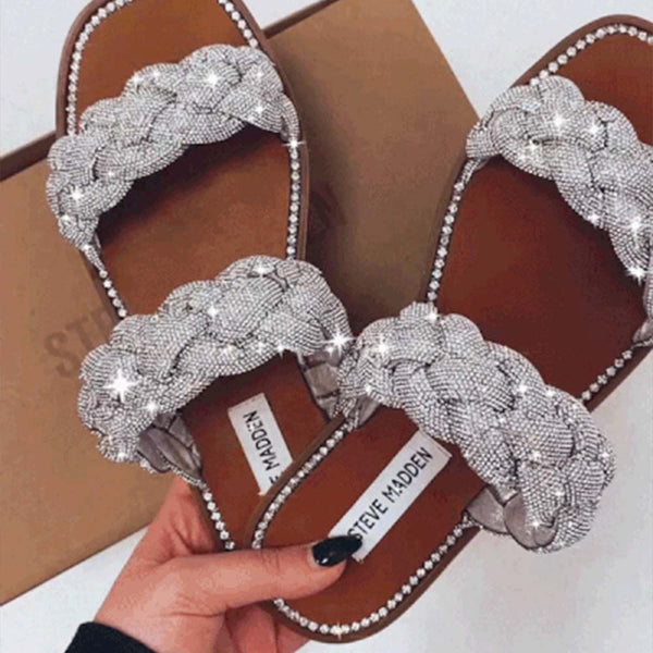 NEWBIE Flash Diamond Braided Double Strap Sandals-Silver