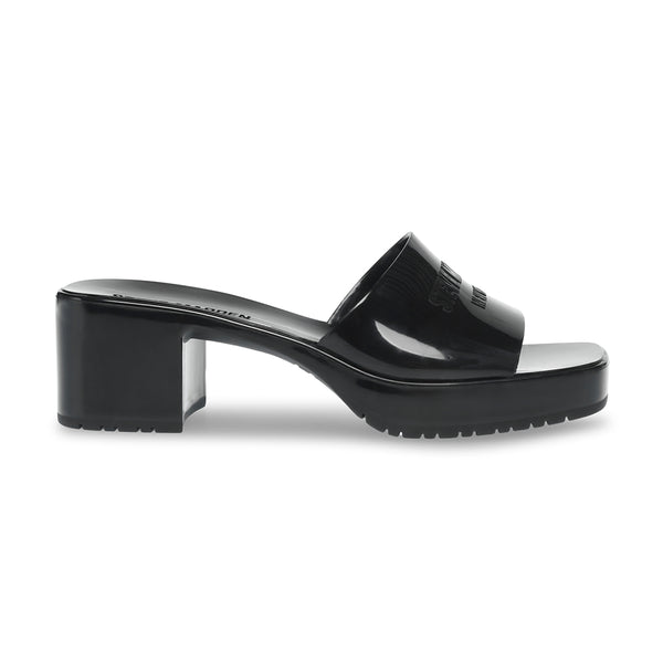 HALSTON Shiny Square Toe Chunky Heel Platform Slippers-Black