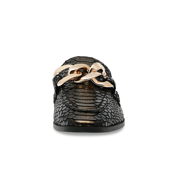 CALLY 金飾扣蛇紋穆勒拖鞋-黑色
