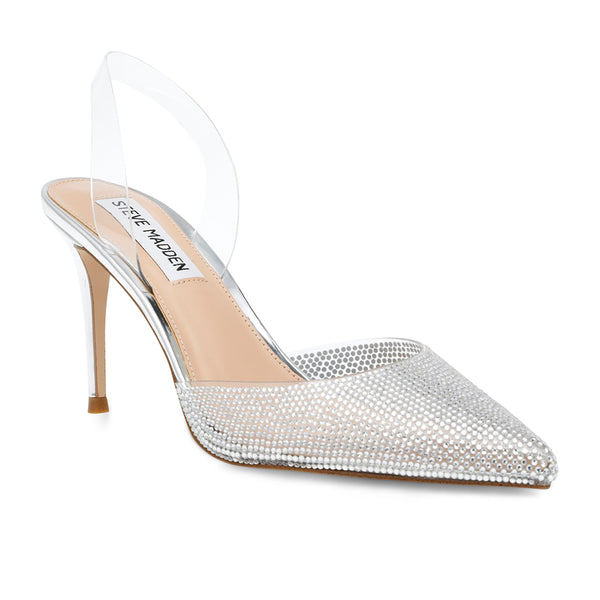 LUCYLE Diamond Pointed Toe Wraparound Heels - Silver