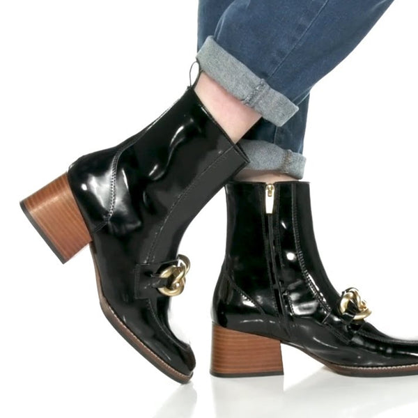 LOREEN Gold Embellished Mid-Cut Loafer Heel Boots-Black