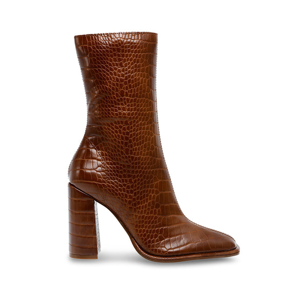 FOREMOST Snake print small square toe chunky heel high boots - reddish brown