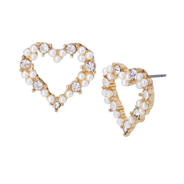 Heart Shaped Pearl Post Earrings - Gold