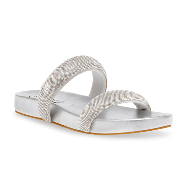 TRACER-R Rhinestone Double Strap Flat Slippers - Silver